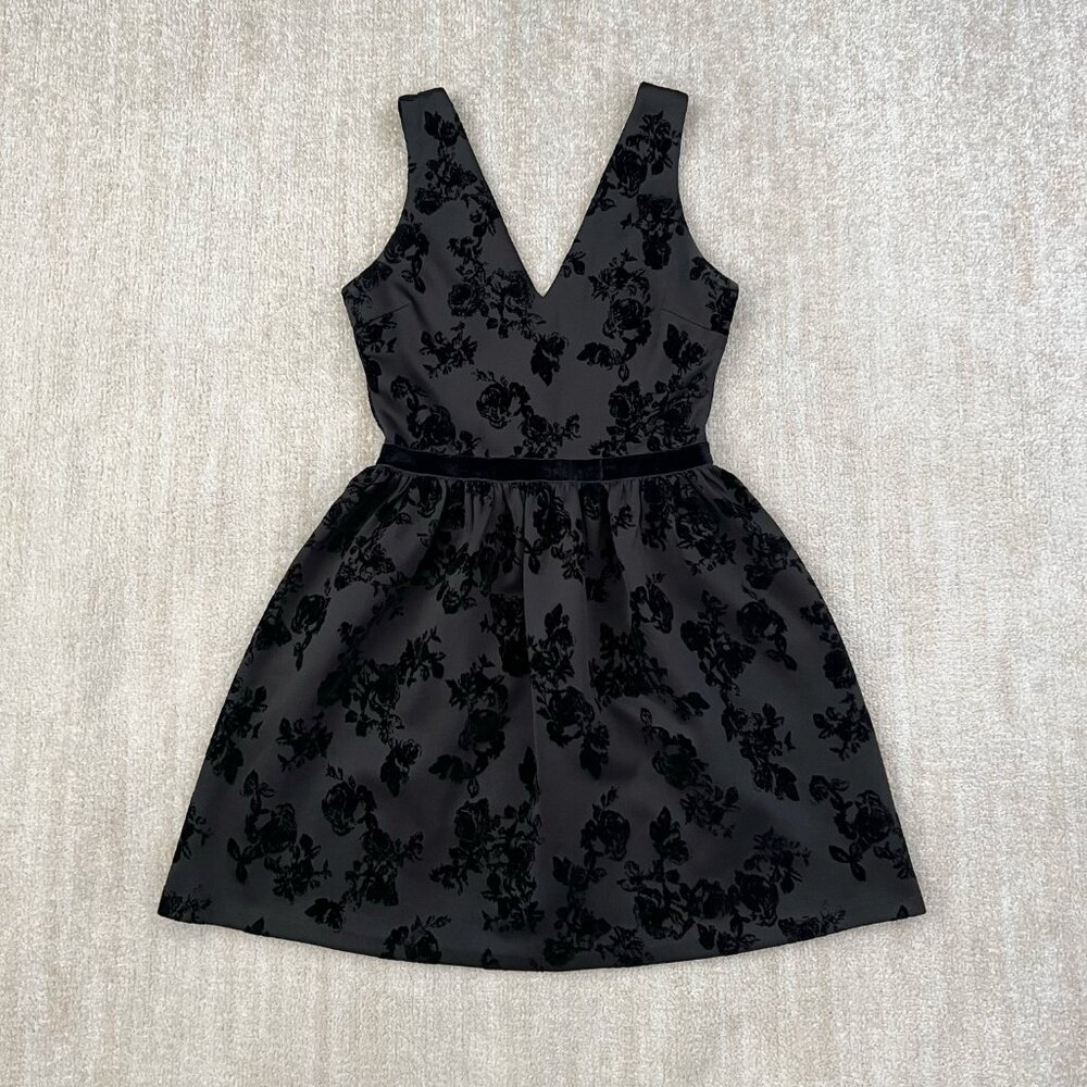 Aqua Floral Black Velvet Cocktail Party Mini Dress M